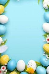 Naklejka na ściany i meble Bright blue background with colorful easter egg banner for holiday decorations