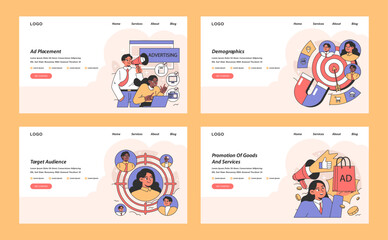 Integrated advertising services set. Outlining ad placement, demographic analysis, audience targeting, and product promotion strategies. Tailored advertising solutions. Flat vector illustration.
