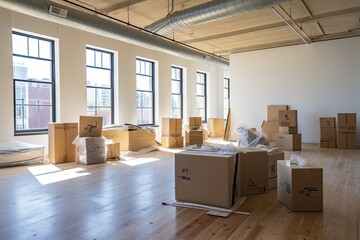 Spacious, bright room with large windows and boxes