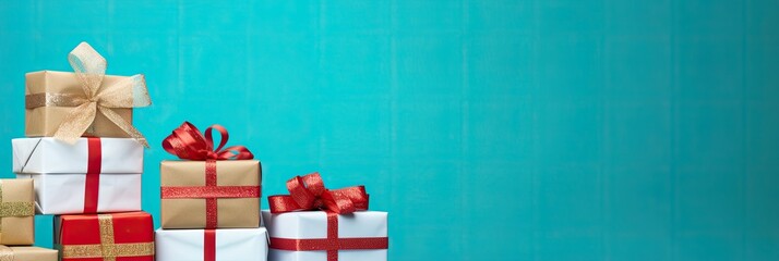 Fototapeta na wymiar Holiday Gift Boxes on Blue Background