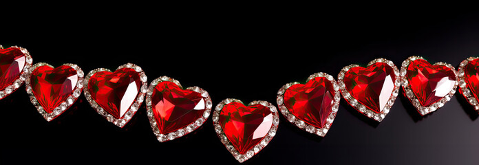 Red gemstone hearts on black background