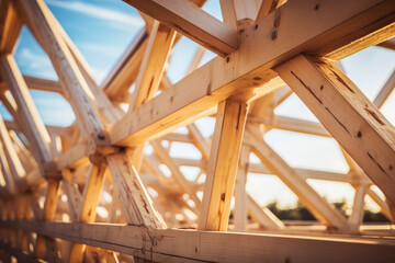 Wooden framework of a building under construction with sunlight filtering through, showcasing carpentry and construction concept.