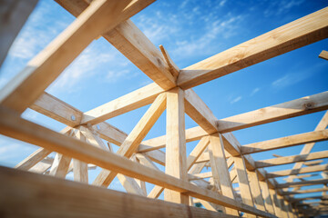 Wooden framework of a building under construction with sunlight filtering through, showcasing carpentry and construction concept. - obrazy, fototapety, plakaty