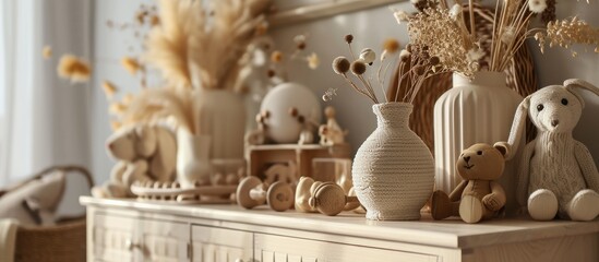 Children's room decor with wooden toys and dried flowers in a vase on a chest of drawers.