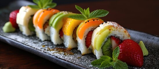 Kiwi, banana, orange, and strawberry in a sweet sushi roll.