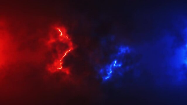 Abstract fire and ice background. Blue and red energy rays mixing together. Fire versus ice background. Thunderstorm of red and blue lightnings. Energy motion. Good and evil background. 4k.
