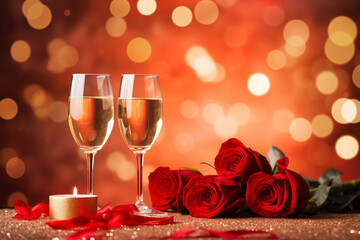 Two glasses of sparkling wine lit candles and red roses on sparkling bokeh background. Valentine day anniversary birthday event celebration