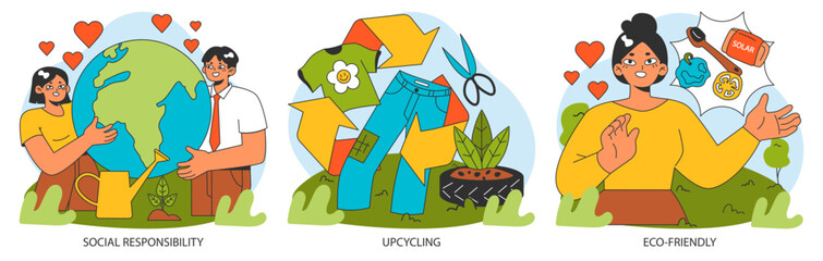 Conscious or ethical living set. Sustainable development and zero waste lifestyle. Circular economy, business and social responsibility to reduce carbon footprint. Flat vector illustration.