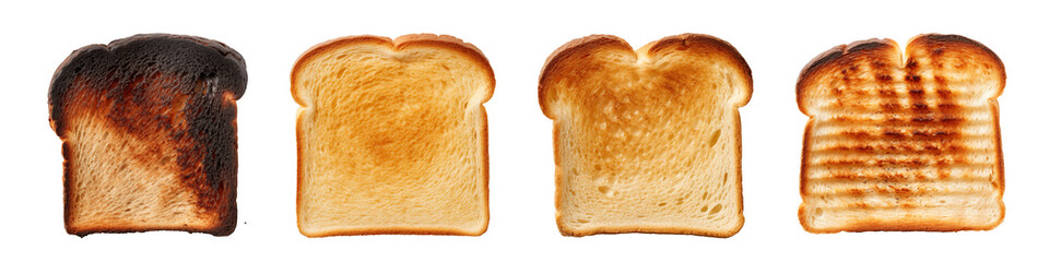 A set of different toasted breads are cut out on a transparent background. A set of various toasts on a white background, for insertion into a design or for an advertising banner.