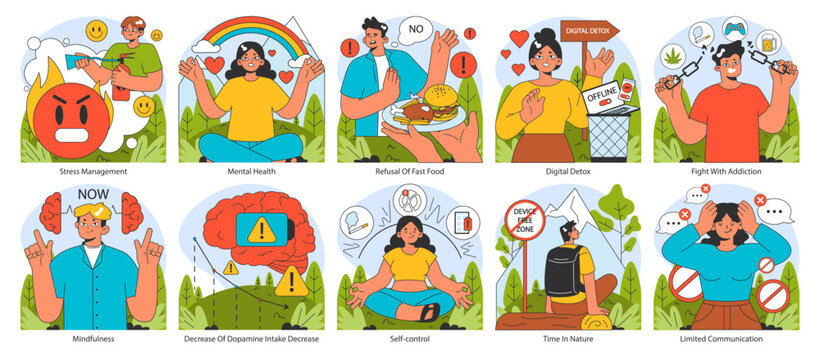 Dopamine fasting set. Techniques for mental rejuvenation and addiction combat. Mindful lifestyle changes promoting health. Flat vector illustration.