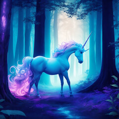 Abstract drawing of mythical unicorn in glowing fairy forest.


