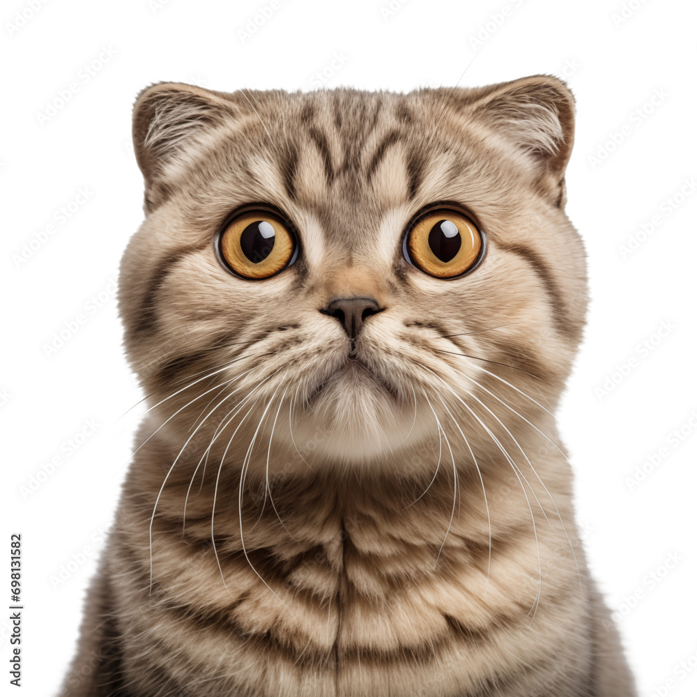 Sticker a scottish fold cat is cut out on a transparent background. light brown cat mockup for inserting int