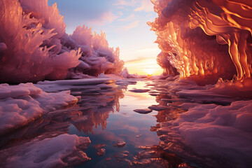 fantasy landscape with ice crystals at sunset - obrazy, fototapety, plakaty