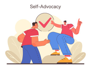 Self Advocacy concept. Animated characters engaging in assertive communication, with one confidently expressing approval. Expressing personal rights and choices vividly. Flat vector illustration