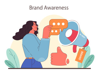 Brand Awareness concept. A woman confidently amplifies her message, epitomizing the spread of brand recognition with a megaphone and positive gesture. Flat vector illustration
