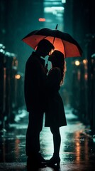 A couple having emotional moments under an umbrella on a rainy street