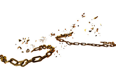 chain breaking break in pieces parts isolated golden crisis, pressure freedom, escape prisoner - 3d rendering
