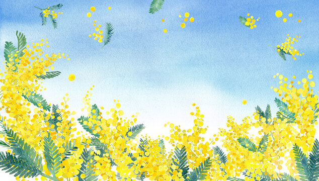 青空とミモザの水彩イラスト。風景。春のイメージ背景。