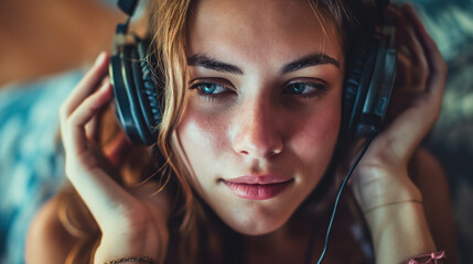 Girl enjoying music with headphones. - obrazy, fototapety, plakaty