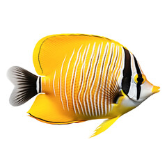 Multicolored aquarium fish on a transparent background, side view. The Butterflyfish, an white and yellow saltwater aquarium fish, isolated on a white background, a design element for insertion.
