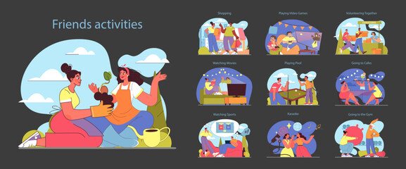 Friends activities set. From gardening and shopping to volunteering and gym workouts. Diverse indoor and outdoor bonding experiences. Shared moments of leisure and lifestyle. Flat vector illustration.