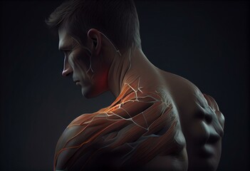 3d rendered illustration - painful shoulder. Generative AI - obrazy, fototapety, plakaty