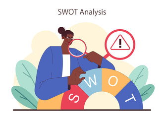 SWOT Analysis concept. Thoughtful businesswoman studying potential risks, strengths, opportunities, and threats. Decision-making, strategy planning. Flat vector illustration. - obrazy, fototapety, plakaty