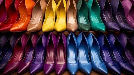 A cluster of women's shoes, each in a different hue, creating a rainbow effect.