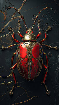 A red and brass bug on a dark background
