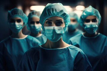 Fototapeta na wymiar team of doctors and a nurse in uniform in the hospital lobby