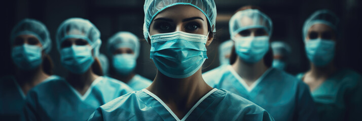 Doctors and nurses in protective suits and masks in the hospital. Horizontal banner