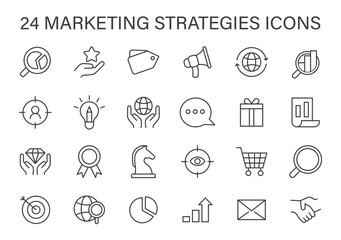 Marketing Strategies Icons Set. A collection of line icons representing key marketing strategies including SEO, social engagement, and analytics. Flat vector illustration.