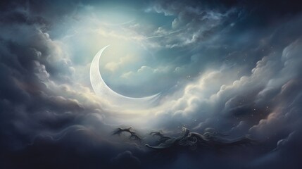 Obraz na płótnie Canvas A crescent moon, faintly visible through wispy clouds, creating an ethereal scene.