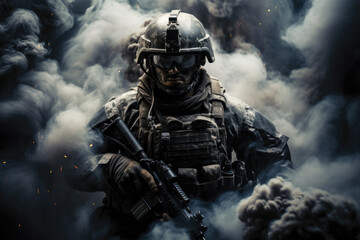 Portrait of a special forces soldier in the smoke