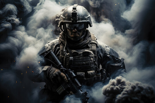 Portrait of a special forces soldier in the smoke