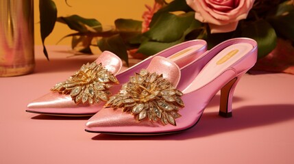 A crisp image of rose-pink mules with golden embellishments, popping against the background.