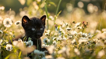 Tuinposter baby of black panther relaxing in daisy field © Pakamato