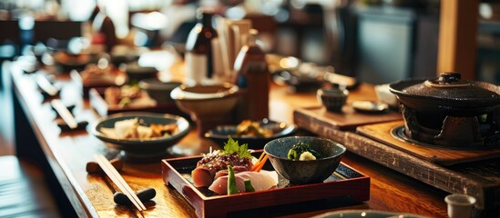 Japanese dishes arranged on a table in a restaurant