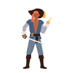 Cruel courageous pirate cartoon character with iron hook instead of hand holding sable in another