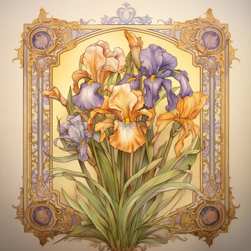 Blooming iris flowers in an Art Nouveau patterned frame. Watercolor hand-drawn style illustration.