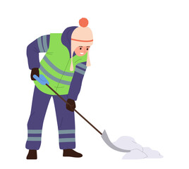 Janitor cartoon character in uniform shoveling snow from street cleaning road after winter storm