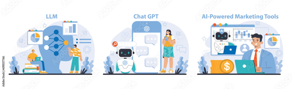 Poster ai tools interface. interactive platforms for large language models, chatbots, and marketing analyti