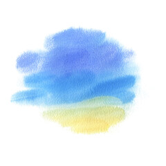 Background with blue sky, turquoise sea and yellow sand in the shape of a spot with blurred, soft edges. Bright juicy watercolor illustration drawn by hand. Isolated object on a white background.