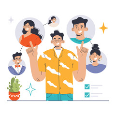 Improved Communication concept. Central figure connecting with diverse team members in bubbles. Collaborative effort, seamless teamwork, and enhanced interpersonal skills. Flat vector illustration.