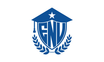 ENU three letter iconic academic logo design vector template. monogram, abstract, school, college, university, graduation cap symbol logo, shield, model, institute, educational, coaching canter, tech