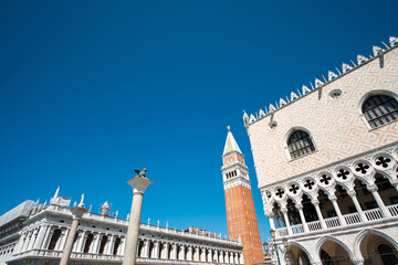 St Mark's Campanile, the bell tower and St Mark's Basilica, located in Piazza San Marco in Venice,...