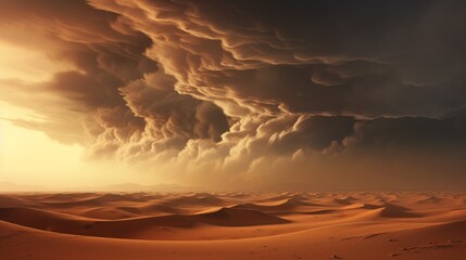 A desert storm in the horizon, with the wind carrying sand to reshape the dunes.