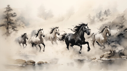 Chinese ink of horses running - obrazy, fototapety, plakaty