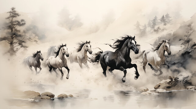 Chinese ink of horses running