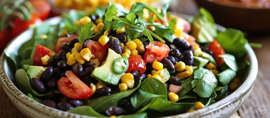  Tasty salad with seasoned black beans, corn, and cumin dressing. Great with chili! © AkuAku